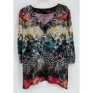 Onque Casual Womens Tunic Multicolor Mixed Media Animal Print Rhinestone Sz 2X